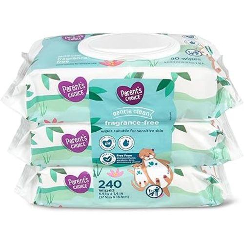 Parent's Choice Gentle Clean Fragrance-free Unscented No Scent Baby Wet Wipes Suitable for Sensitive Skin Infused with Vitamin E and Aloe, 240 Count (Value Pack Includes 3 80-Count Packages) - 1 Pack