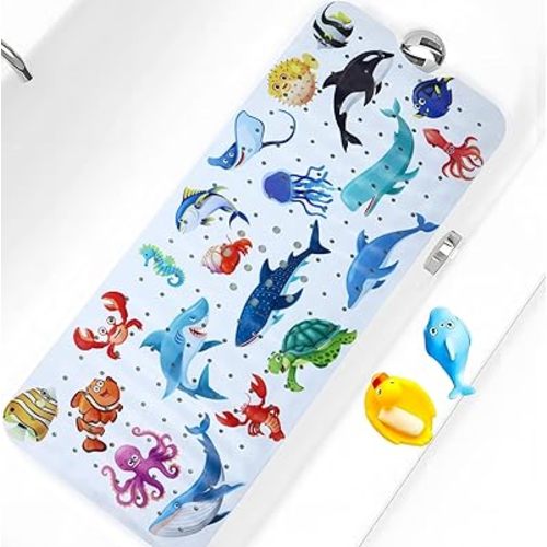 Baby Bath Mat for Tub Non Slip Kids Bathtub Mat Extra Long 40X16 Inch Toddler Bath Tub Shower Mat Anti Slip with Suction Cups & Drain Holes, Machine Washable (Ocean Animals)