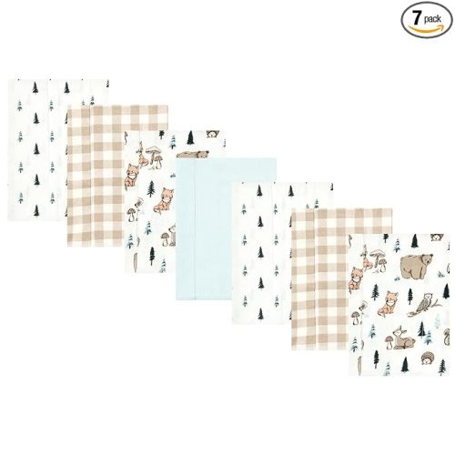 Hudson Baby Unisex Baby Cotton Poly Flannel Burp Cloths, Boy Woodland Pals 7-Pack, One Size