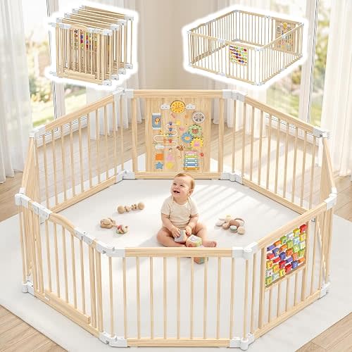 BIERUM Wooden Baby Playpen 56x56x24, 8 Panel Foldable Play Yard for Babies
