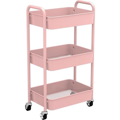 CAXXA 3-Tier Rolling Metal Storage Organizer - Mobile Utility Cart with Caster Wheels, Pink
