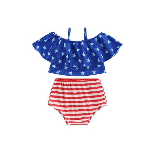 4th of July Swimsuits for Baby Girls Stars Print Tops + Stripes Briefs Toddler Independence Day Outfits 2Pcs Bikinis Set