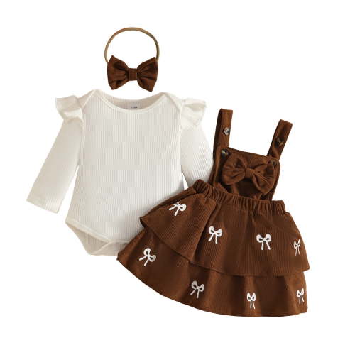 Likimi Baby Girls 2 Piece Set Bowknot Print Crew Neck Long Sleeve Romper With Suspenders Skirs Spring Autumn Fashionable Clothes Set Brown Size 6-12 Months