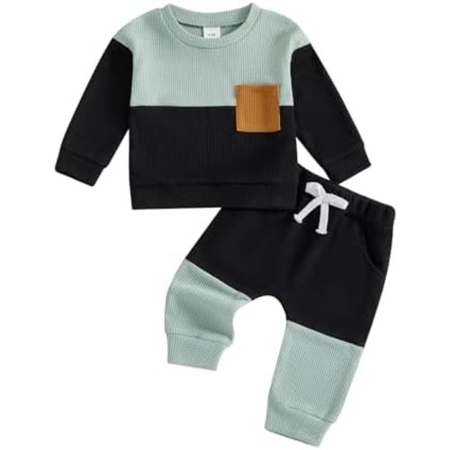 Kupretty Toddler Baby Boy Clothes 6 12 18 24 Months 2T 3T 4T Outfit Color Block Waffle Sweatshirt + Pants Set Fall Winter