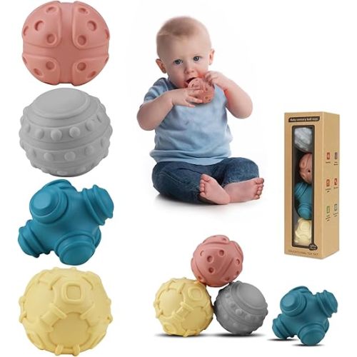 4 Pack Sensory Balls for Baby,Baby Balls Easy Grape Soft Textured Ball Set,Infant Squeeze Sensory Toys,Sensory Exploration Toys Gift for 6-12 Months