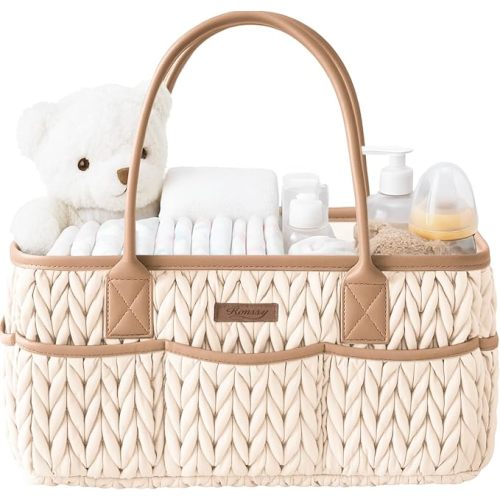 Konssy Baby Diaper Caddy Organizer, Braided Quilted Design with PU Handles