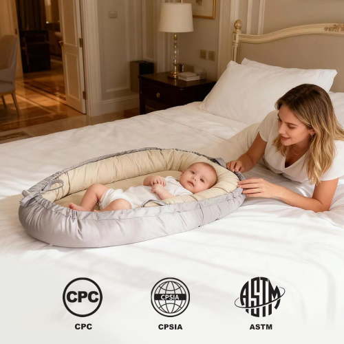 Portable Safety Standards 100% Breathable Cotton Baby Lounger Bassinet, Gray