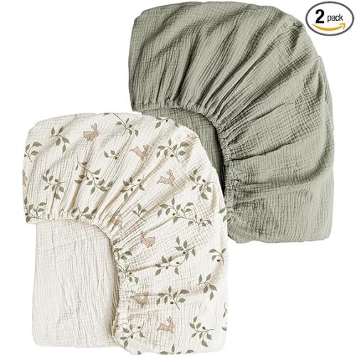 Konssy Muslin Crib Sheets 2 PCS, 100% Cotton Baby Crib Sheets for Standard Crib Mattress (28"x 52"), Soft and Breathable for Boys, Girls (Rabbit,Fog Green)