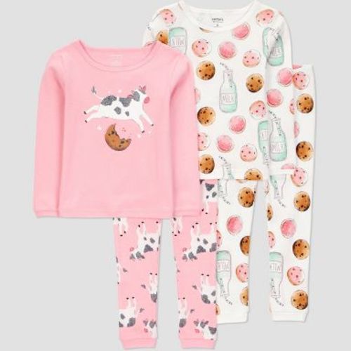 Carter's Just One You® Toddler Girls' 4pc Cotton Long Sleeve Cows and Cookies Pajama Set - Pink/White 4T