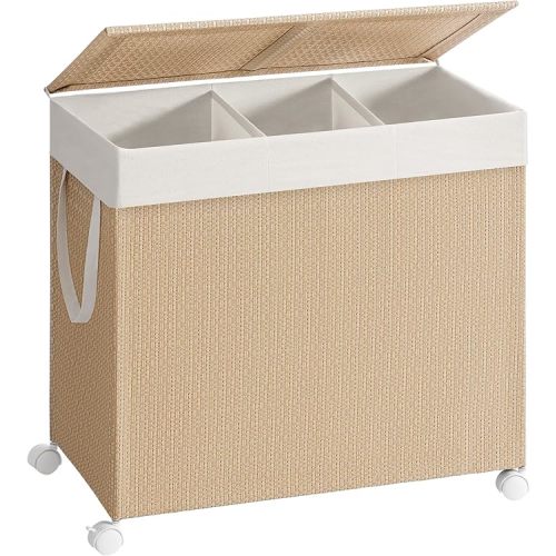 Laundry Hamper with 3 Section, Large 140 L Natural Beige and Matte White