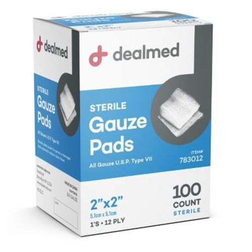 Dealmed Gauze Pads, Sterile 1's, 2" x 2", 12-Ply, White, 100 Count (Pack of 1)