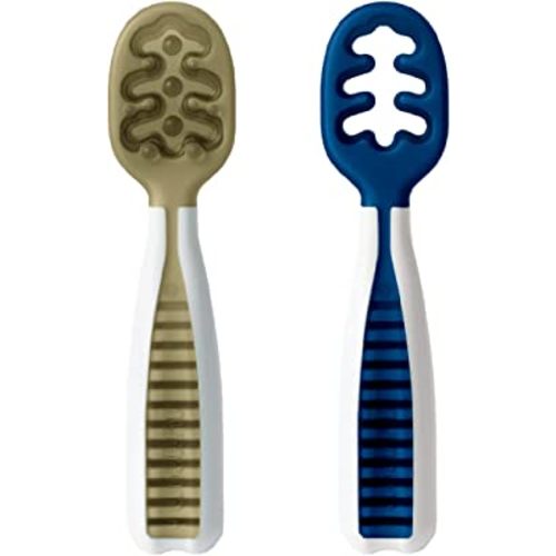 NumNum Baby Spoons Set, Pre-Spoon GOOtensils for Kids Aged 6+ Months - First Stage, Baby Led Weaning (BLW) Teething Spoon - Self Feeding, Silicone Toddler Food Utensils - 2 Spoons, Olive/Navy