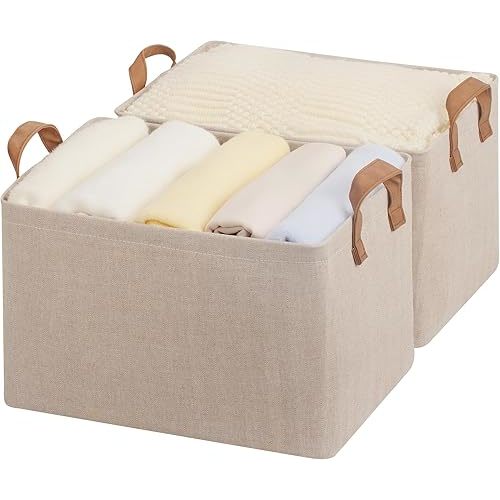 StorageWorks Storage Bins, Fabric Storage Bins for Shelves, Large Storage Baskets with Metal Frame, Closet Baskets and Bins with Handles, Brown and Beige, 2-Pack