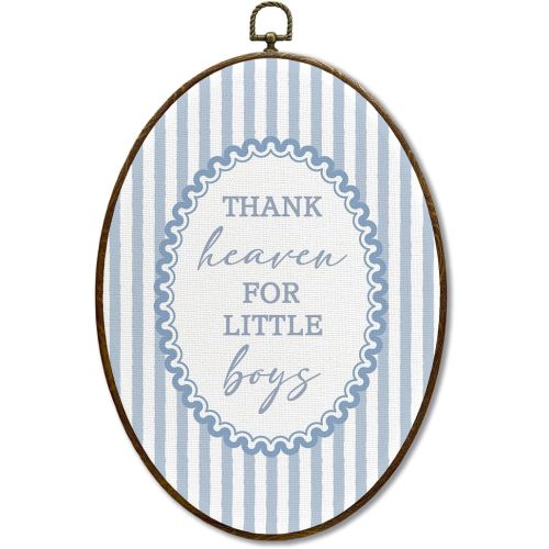 XINCEYWJ Thank Heaven for Little Boys Oval Framed Wall Art, Blue Baby Boy Nursery Oval Canvas Wall Decor, Vintage Inspirational Quote Framed Wall Hanging Decor for kids Boy Toddler Bedroom, 11x8.5 In