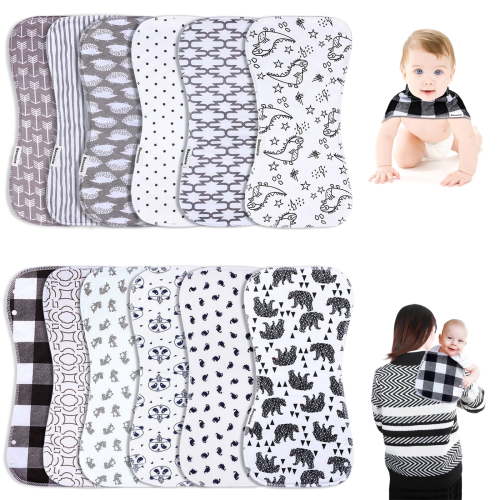 "Benoxine 12-Pack 2-in-1 Baby Bibs and Burp Cloths, 100% Organic Cotton, Super Absorbent, 3-Layer Design, 8.66""x18.5"