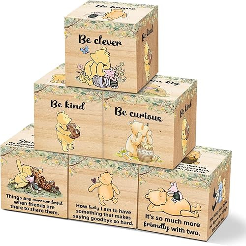 6Pcs Winnie Quotes Nursery Decor, the Pooh Bedroom Tabel Decorations for Girls and Boys, Classic Winnie Wooden Art Decor, Baby Shower Party Supplies 1.6 * 1.6I