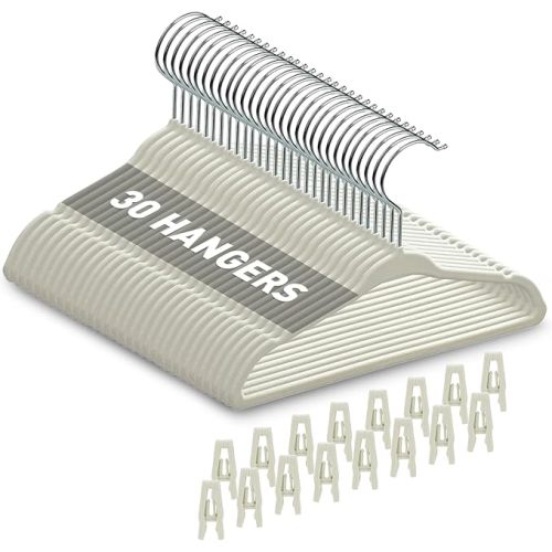 Velvet Baby Hangers with Clips (30 Pack) | 11” Ultra-Slim Baby Clothes Hangers | Non-Slip Felt | Space-Saving Nursery & Infant Closet Organizer | Beige