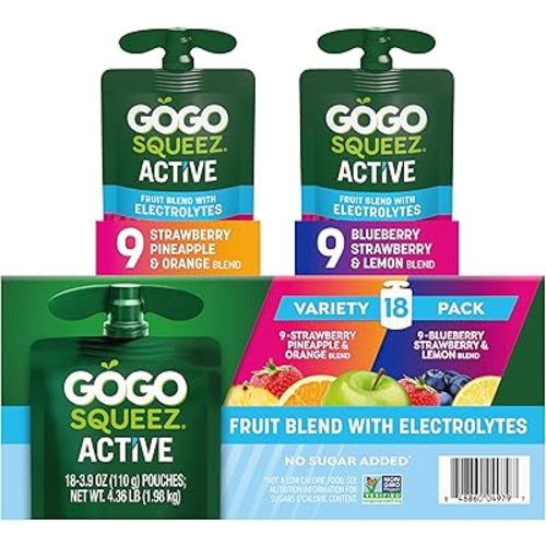 GoGo squeeZ No Sugar Added Active Fruit Blend with Electrolytes| 18-Count Variety Pack | Blueberry Strawberry Lemon & Strawberry Pineapple Orange | Made with Real Fruit and Antioxidants Vitamin A, E, & C