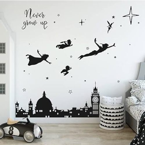 Runtoo Never Grow Up Nursery Wall Decals Quotes Big Ben Cityscape Wall Stickers for Kids Room Baby Bedroom Wall Decor