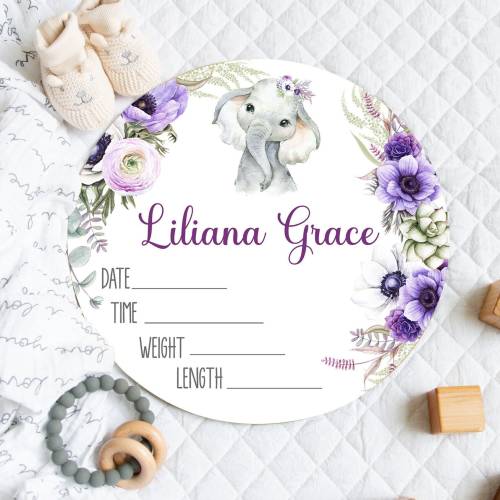 Baby Girl Elephant Birth Stats Sign, Purple Floral Wood Announcement