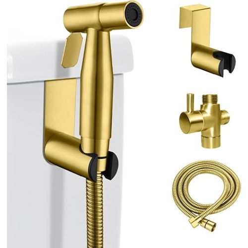 LOSCHEN Bidet Sprayer kit for Toilet,Hand Held Sprayer Shattaf Toilet Attachment Stainless Steel for Pet Bath/Personal Hygiene/Bathroom,Easy to Install with T-Adapter（Gold）