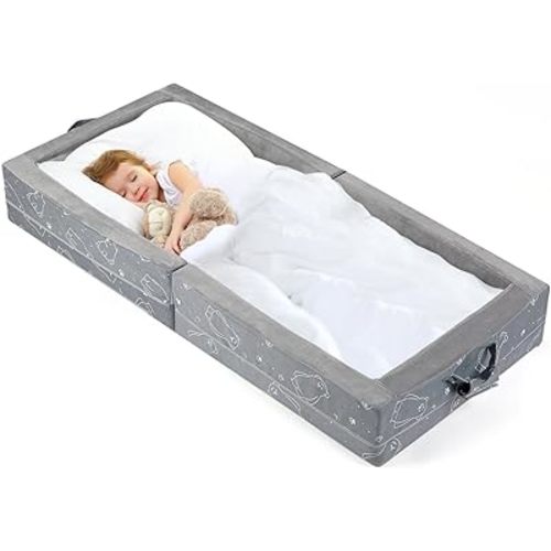 Portable Toddler Travel Bed – Foldable Soft Foam Floor Crib with Washable Cover, Built-in Safety Rails, No Assembly, Compact for Travel & Home Use, Grey