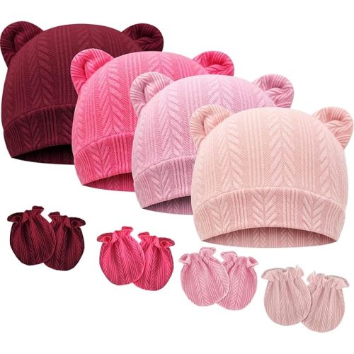 BQUBO Newborn Baby Hats Bear Ears and Mittens Sets Preemie Caps Baby Boy Girl Infant Hospital Beanie for 0-3 Months