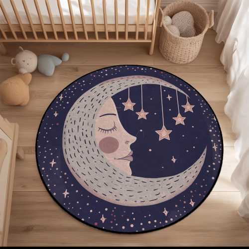Round Moon Nursery Rug, Celestial Kids Room Decor, Crescent Moon Face Area Carpet, Navy Blue Starry Night Playmat, Baby Shower Gift Ideas
