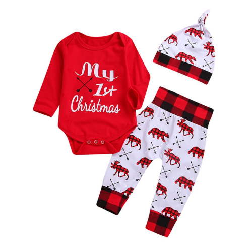 WIBACKER Newborn Baby Girl Boy My 1st Christmas Outfit Infant Romper + Elk Long Pants + Hat XMAS Clothes 3 Pcs Set 0-3M