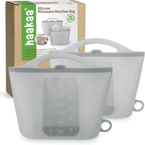 Haakaa On-The-Go Silicone Microwave Steam Sterilizer Bags for Travel, 50oz/1500mlReusable Silicone Steaming Bags for Baby Bottles, Breast Pump, Accessories, Pacifiers, Teethers,Grey/2PCS