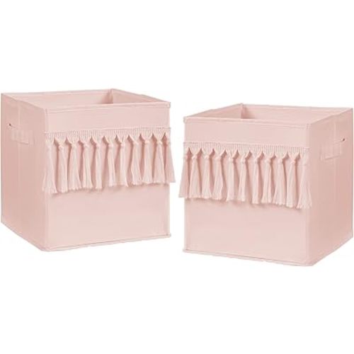 Sweet Jojo Designs Pink Boho Bohemian Foldable Fabric Storage Cube Bins Boxes Organizer Toys Kids Baby Childrens - Set of 2 - Solid Color Blush Shabby Chic Luxury Vintage Designer Tassel Fringe
