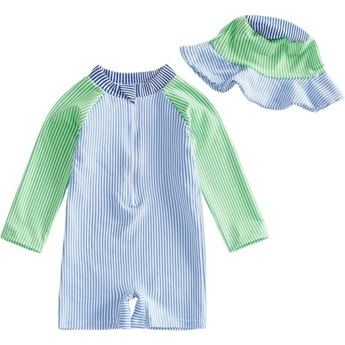 Nibbcoa Toddler Baby Boys Seersucker Long Sleeve One Piece Rash Guard Swimsuit Zipper Bathing Suit Swimwear with Hat
