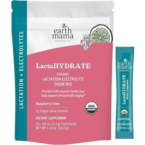 Earth Mama Organic LactaHYDRATE Lactation Drink Mix, 15 Servings – USDA Certified Organic Hydration Drink with Herbs Used to Help Support Breastmilk Supply* for Breastfeeding Moms