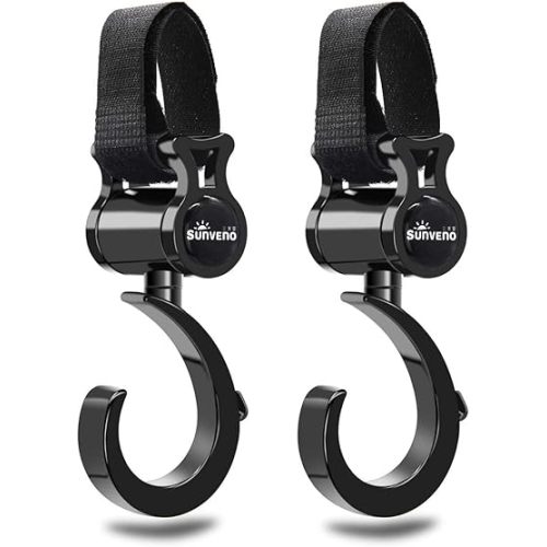 SUNVENO Stroller Hooks 2 Pack, 360° Rotating Universal Stroller Clips with Adjustable Straps, Heavy Duty Bag Holders for Diaper Bags, Purses, Groceries and Travel Use