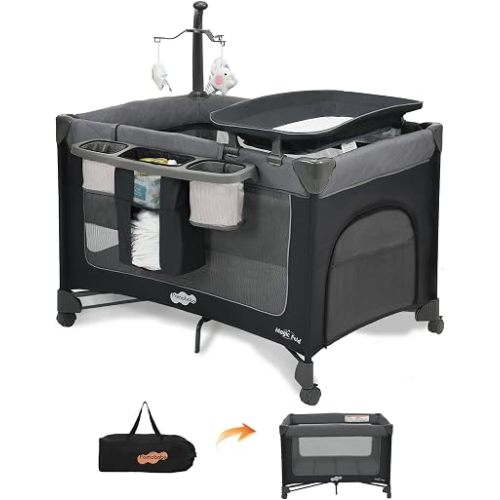 Pamo Babe Magic Fold Pack and Play with Bassinet 1 Step Set Foldable Playards Baby Playard with Changing Table Portable Playpen with Zip Door