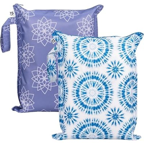 Tiny Twinkle Mess Proof Wet Bags | 2-Pack Reusable Waterproof Wet Bags for Swimsuits | Baby Clothes | Travel & Diaper Bag (Lotus,Blue Tie Dye)