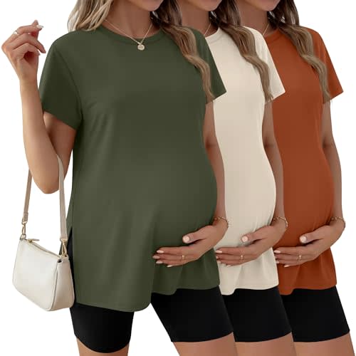 Ficerd 3 Pack Women's Maternity T Shirts, Short Sleeve Side Split Pregnancy Tops Casual Crew Neck Pregnant Tees Mama Clothes