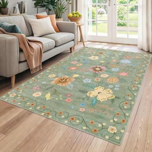 Washable Floral Rugs 6x9 Soft Boho Non Slip Flower Living Room Carpet Low Pile Area Rug for Dining Room Playroom Bedroom Indoor, Green