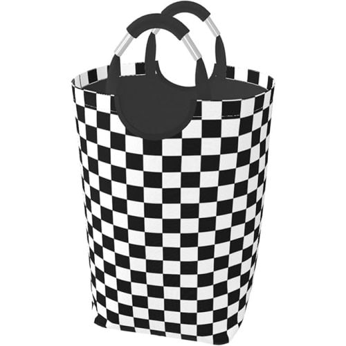 LIBIFALL Black and White Plaid Large Laundry Basket Checkerboard Laundry Hamper Bag Collapsible Laundry Baskets Clothes Hamper with Handles Checkered Storage Baskets For Dorm,Family,50L