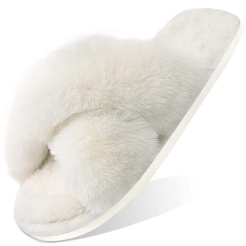 Ecetana Women's Fuzzy Slippers Cross Band Memory Foam House Shoes Open Toe