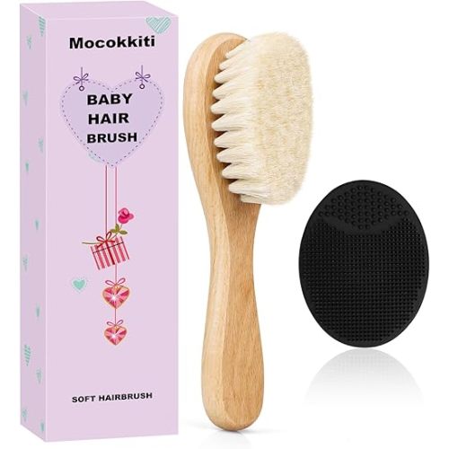 Baby Hair Brush, Mocokkiti Goat Bristles Brush and Baby Cradle Cap Brush Set for Cradle Cap Wood Bristle Brush for Newborns and Toddlers 2PCS