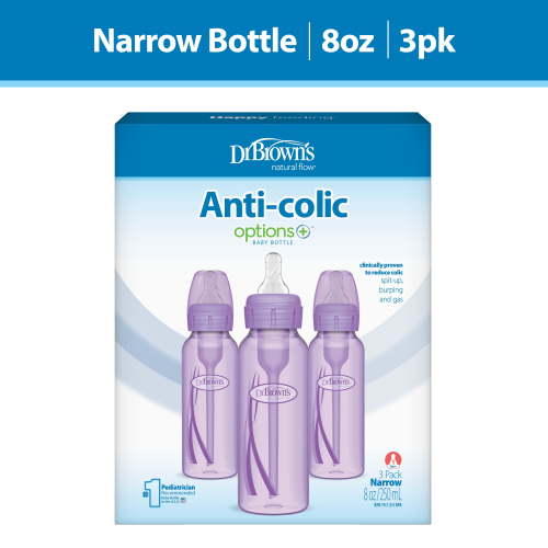 Dr. Brown's Natural Flow Anti-Colic Options+ Narrow Baby Bottle, Purple, 8oz, Slow Flow, 0m+, 3 Pack