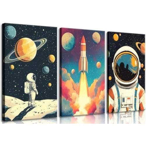 lkjhgf999 3 Pcs Space Canvas Wall Art Nursery Space Astronauts Kid Painting Pictures Wall Decor Explore Dream Galaxy Canvas Prints Artwork for Boys Room Girls Room Kids Room Decoration