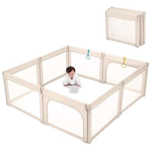 Doradotey Baby Playpen Foldable for Toddlers 1-3, Size and Shape Adjustable Enclosure, 8-Panels Detachable Gate 79x71 Large Indoor Playard, Easy Assembly and Clean, Safety Fence Play Area, Khaki
