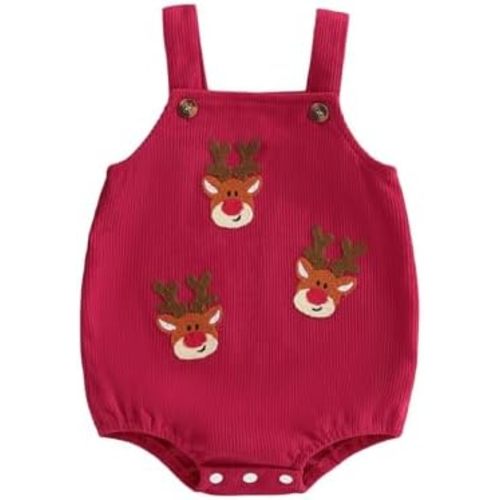 My First Christmas Baby Girl Outfit Newborn Reindeer Embroidery Sleeveless Romper Overalls Fall Winter Clothes