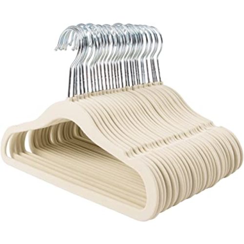 Finnhomy Non-Slip Clothes Hanger for Baby and Kids 30-Pack Velvet Hangers with 10 Finger Clips,Beige