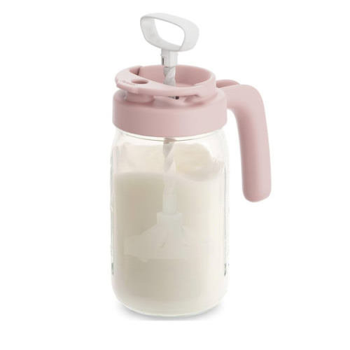 Papablic Glass Breastmilk Pitcher, Formula Mixing Pitcher with Mixing Handle Lid, Wide Mouth Mason Jar Mixer with Flip Locking Spout, Easy to Clean, BPA Free, Pink