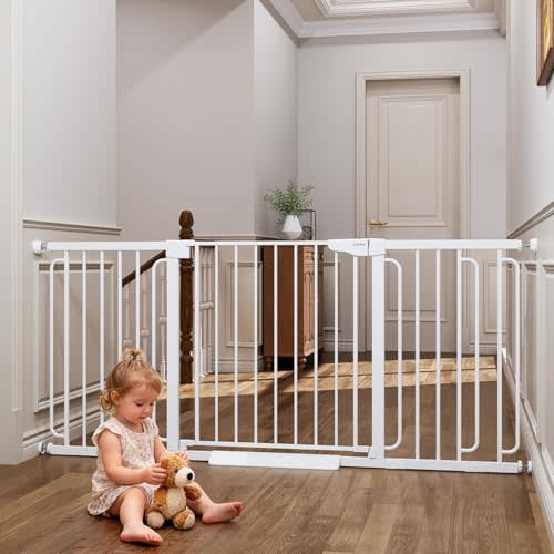 Cumbor Extra Wide Baby Gate, 36.6-69" Walk-Through Dog Gate for Stairs, Doorways & Hallways, 30.5“ Tall, Auto-Close & Dual-Swing Safety Child Gate Indoor, Easy Install Pressure-Mounted Pet Gate, White