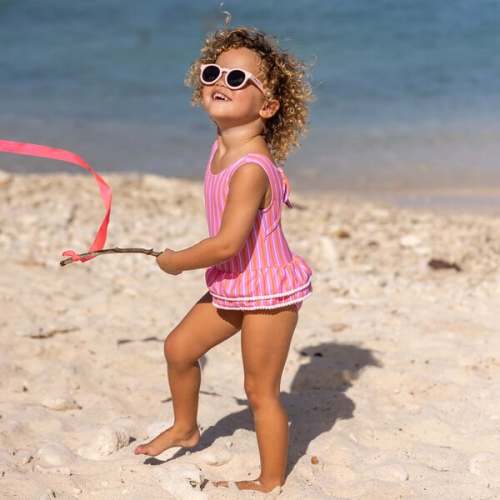 Sustainable Sleeveless Ruffle Waist Skirt Swimsuit, Stripy Sunset - Snapper Rock | Maisonette