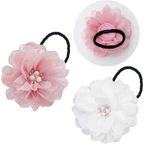 2 Pack Kids Hair Ties Holder for Airtag, Cute Flower Hidden Hair Elastic Band Tracker Case for Girls (Pink White, Thick Hair)